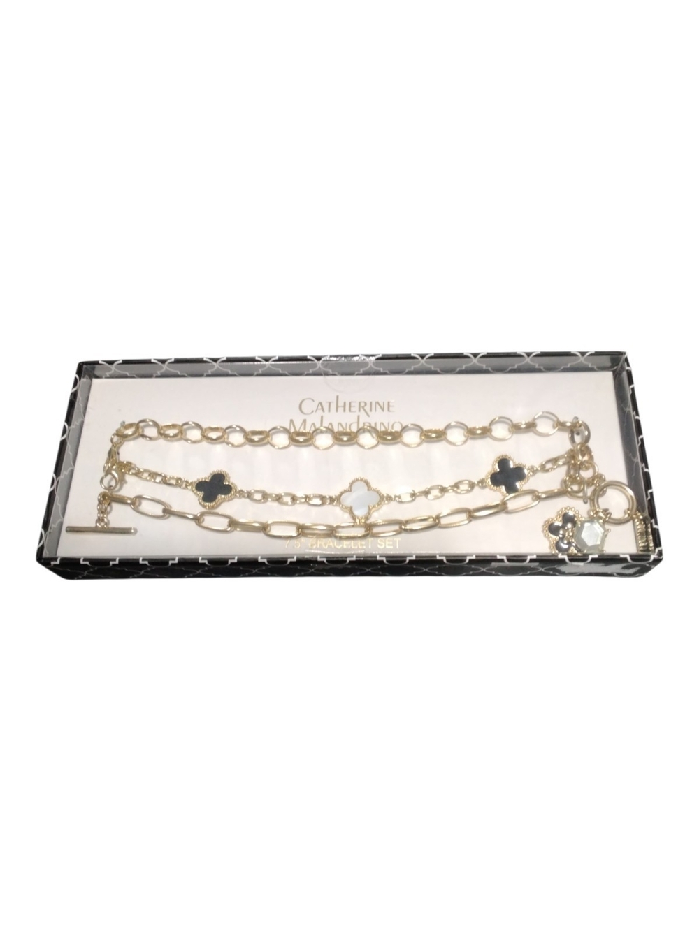 Catherine Malandrino Gold Chain Bracelet Set with Black and White Clover Charms